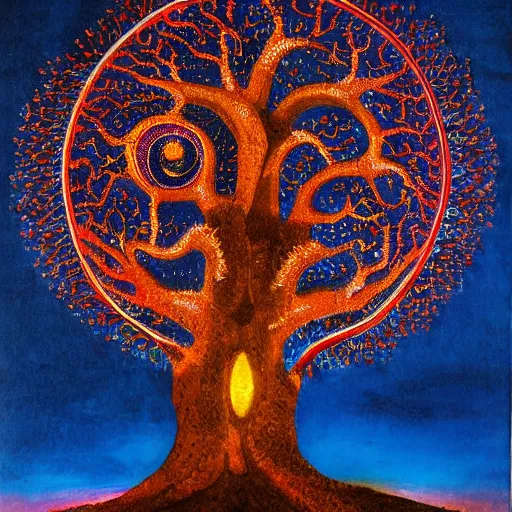 Prompt: the tree of life, illuminated at night, art