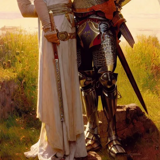 Image similar to attractive arthur pendragon and his favourite attractive male knight, they are in love, camelot, natural lighting, path traced, highly detailed, high quality, digital painting, by gaston bussiere and ross tran and j. c. leyendecker and alphonse mucha