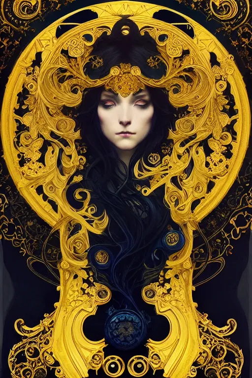 Image similar to beautiful black blue yellow, complicated gold the baroque style decoration, dark fantasy, intricate, elegant, highly detailed, digital painting, artstation, concept art, matte, 3 d 8 k octane rendered, sharp focus, illustration, octane rendered, art by artgerm and alphonse mucha, leesha hannigan