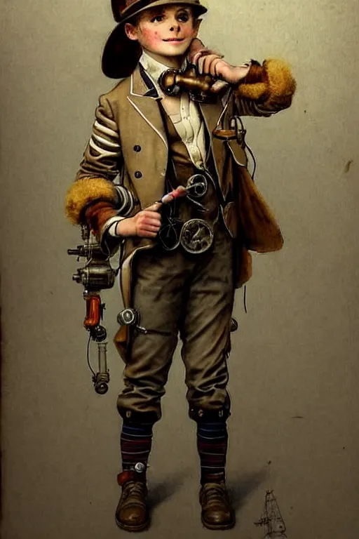 Image similar to ( ( ( ( ( 2 0 5 0 s retro future 1 0 year boy old adventurer super scientest in steampunk mechanics costume full portrait. muted colors. ) ) ) ) ) by jean - baptiste monge!!!!!!!!!!!!!!!!!!!!!!!!!!!!!!