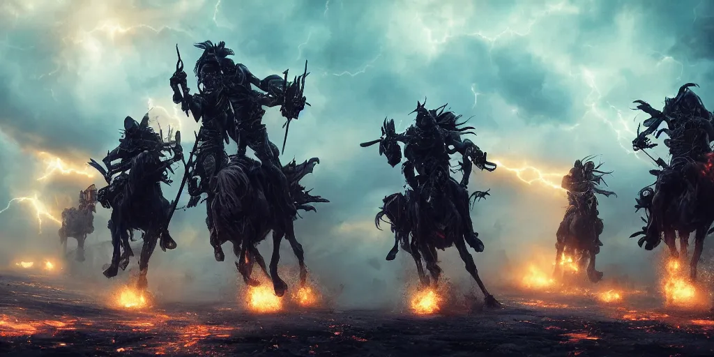 Prompt: ”five horsemen of the apocalypse riding skeleton horses towards the camera and holding up empty signs, [epic, cinematic, scary, intimidating, horror, war, battle, hell, storm clouds, lightning, octane render, 8k, mattepainting, art by wlop and paul lehr and greg rutkowski]”