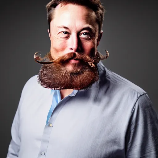 Prompt: elon musk with long mustache and epic beard, 5 0 mm, studio lighting