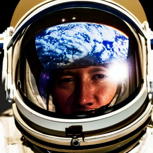 Image similar to a close up photo of an astronaut floating in space. his helmet visor is dark and reflective. you can see the reflection of the viewer in his helmet visor.