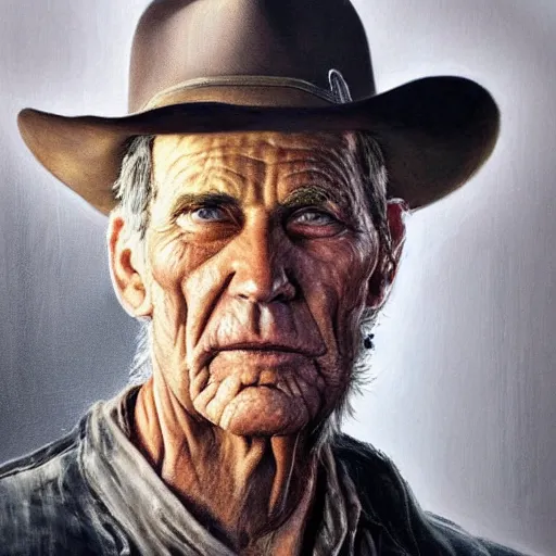 Image similar to modern oil portrait of old wrinkled gunslinger jack, with scar, very very very very very beautiful art, masterpiece, realistic and detailed, artstation, artificial lightning