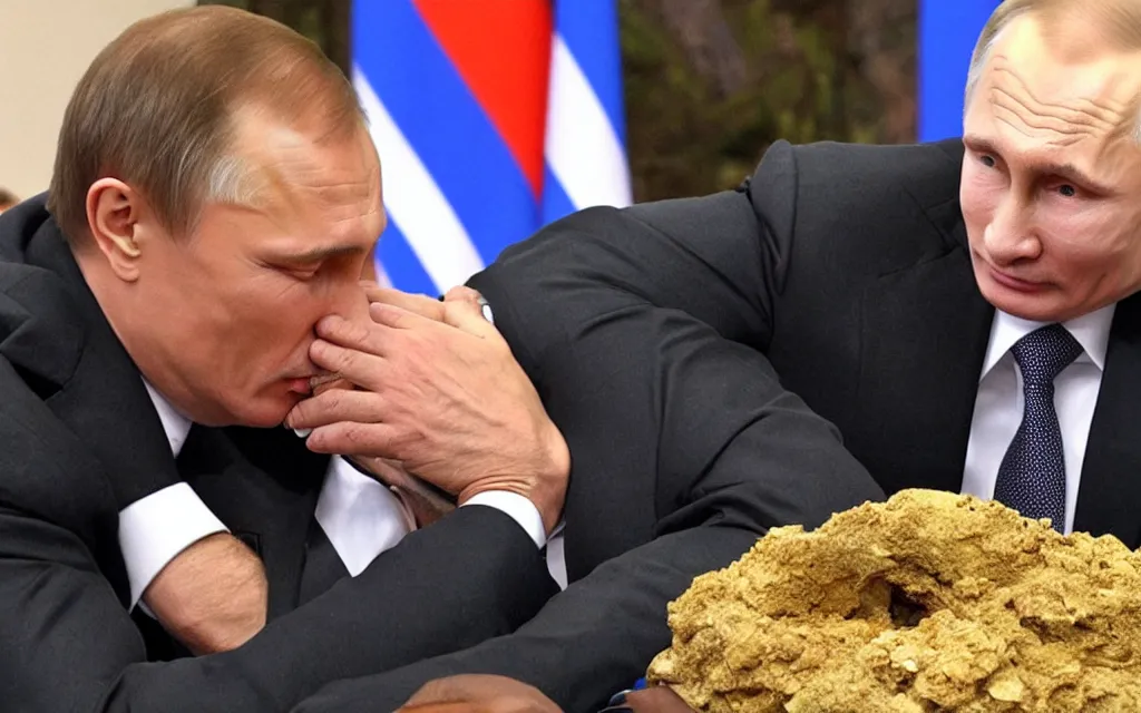 Prompt: putin kissing a pile of shit