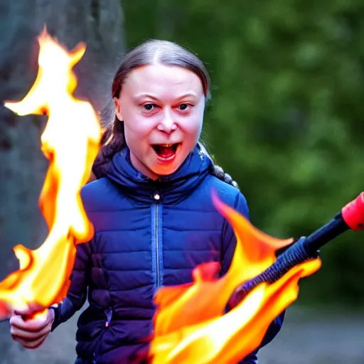 Prompt: Greta Thunberg having fun with a really large flamethrower