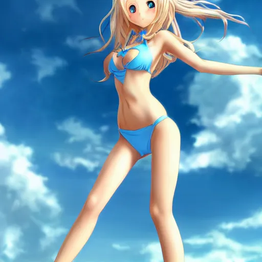 Prompt: a very beautiful young anime giantess, full body, long wavy blond hair, sky blue eyes, full round face,, bikini, miniskirt, front view, mid - shot, highly detailed, cinematic wallpaper by stanley artgerm lau