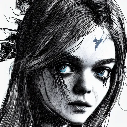 Image similar to Elle Fanning in the illustrated world of Dark Souls, head and shoulders masterpiece, apocalypse, golden hour, cosmic horror, artstation, in the style of Yoji Shinkawa, extremely detailed