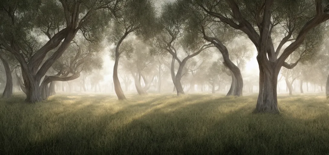 Prompt: a misty mystical majestetic forest of huge twisted oaks and olive trees, mattepainting, octane render, artstation, cinematic, dslr, wide angle, short exposure, wide landscape, edge, exterior, divine, halfrear lighting, rays of shimmering light, natural lighting, global illumination, ray traced, infinity hymne, curvy river