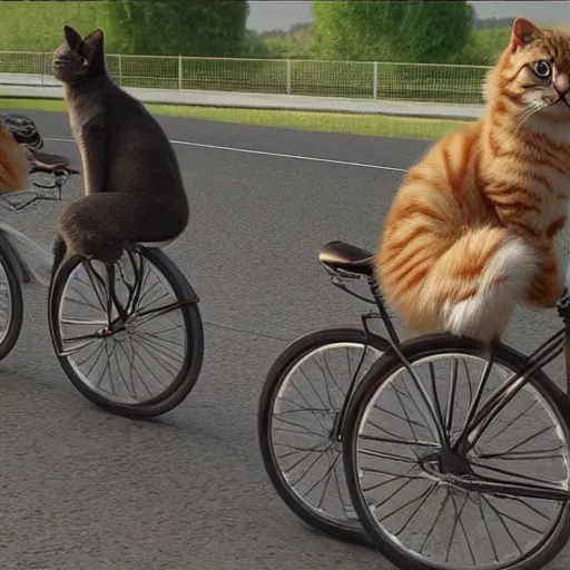 Prompt: cats riding bikes, realistic details, 8k