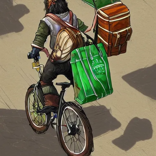 Prompt: a bicycle food delivery worker with a green bag on his back in Portugal, hearthstone art style, epic fantasy style art by kim jung gi, fantasy epic digital art