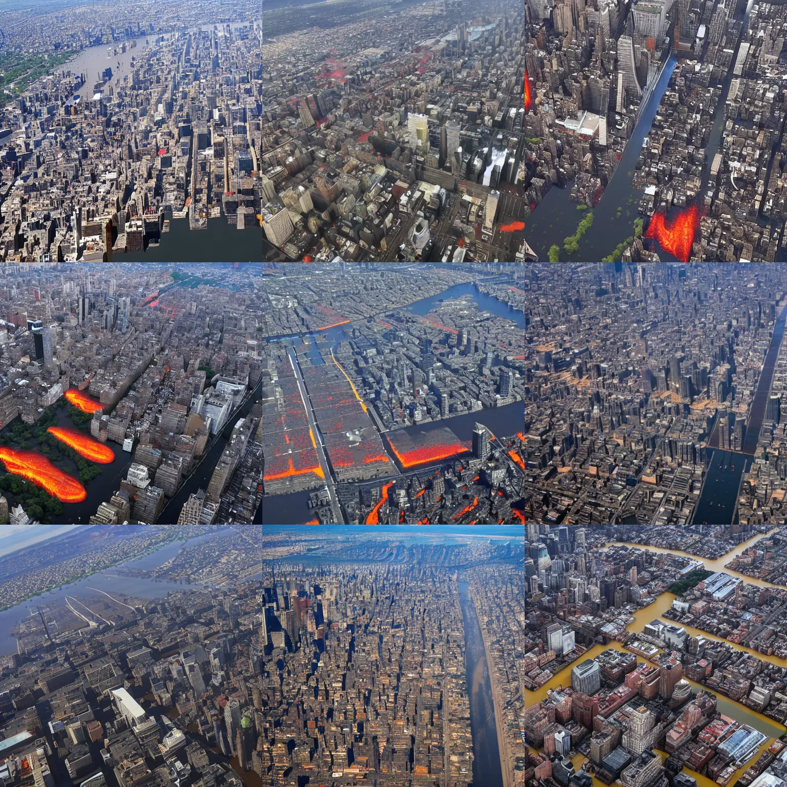 Prompt: manhattan city streets flooded with lava, view from helicopter, at the city below