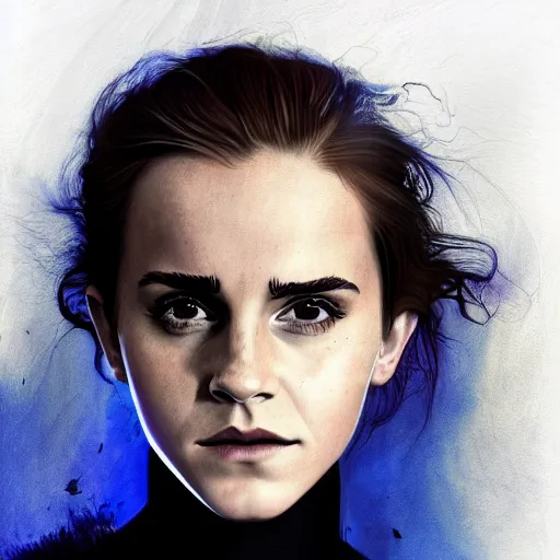 Image similar to realistic emma watson emperor of the known universe, perfect dramatic and dark portrait by rabbitary b, trending on artstation, deviantart, dune, low angle oil painting and composition laws, dark foggy background, timothee chalamet but he is older, man with thin lines on the face, medium - long curly brown hair, completely blue eyes, denis villeneuve cinematography