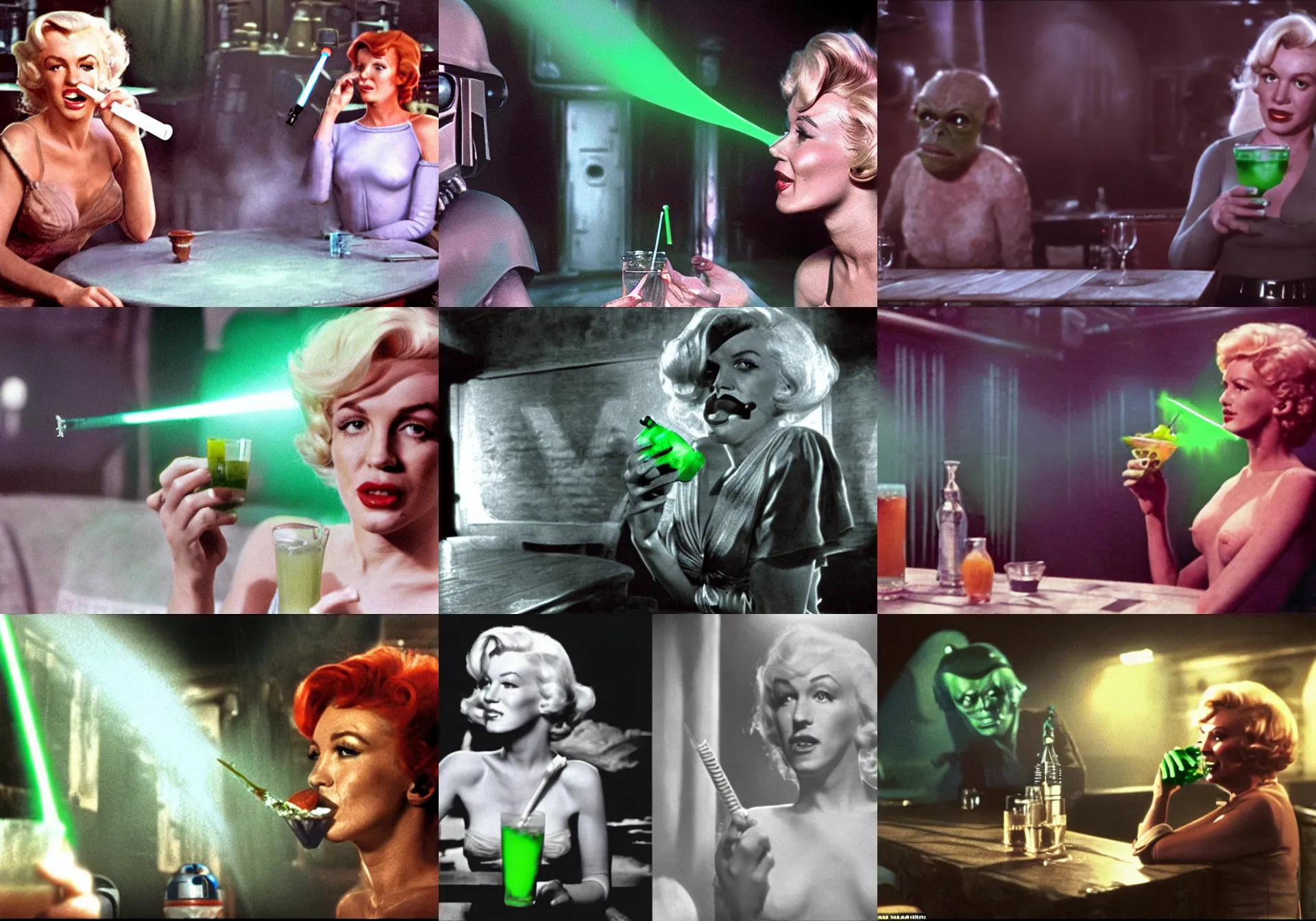 Prompt: A long-shot, color cinema film still of a Marlin Monroe drinking green drink in the Mos Eisley's Tavern, Two aliens around, misty, studio lighting; from Star Wars(1977)