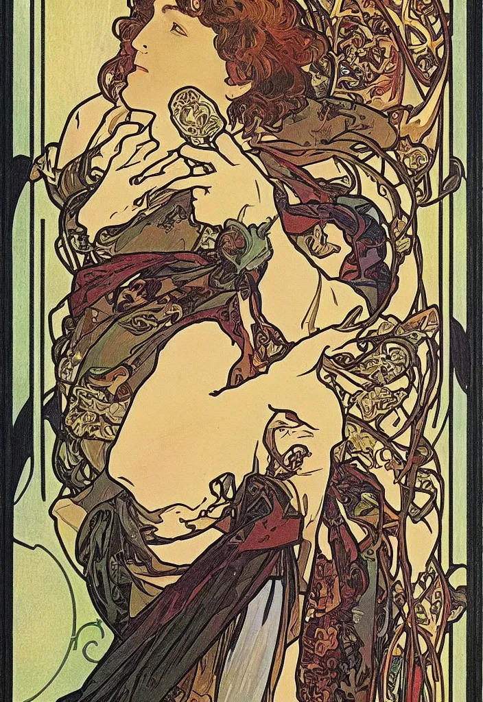 Prompt: Geoffrey Hinton portrayed on a tarot card, tarot in art style by Alphonse Mucha