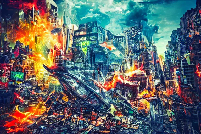 Prompt: destructive monster in the city, photorealistic, highly detailed, sharp focus, vivid, colorful, symmetrical, random, convoluted, mind - blowing, creative, fully functional, end of the world, physics defying, amazing, cool