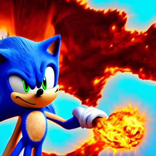 Image similar to Sonic the hedgehog with a flamethrower, award winning photograph, digital art, powerful flamethrower