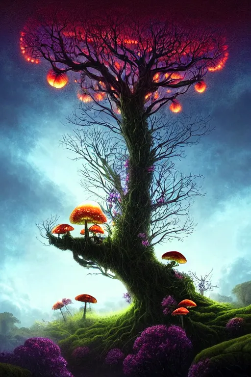 Prompt: a beautiful digital illustration painting of a detailed foreboding skies fantasy fireflies and roots, dark mushroom, flowers by benoit b. mandelbrot, steven belledin, martin johnson heade, lee madgwick, caspar david friedrich, and david rios ferreira. 8 k resolution trending on artstation concept art digital illustration