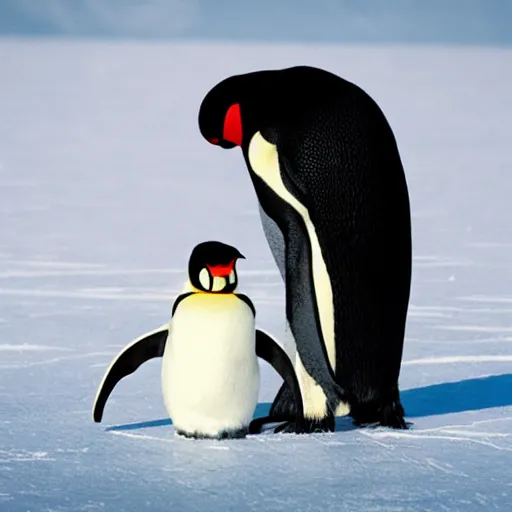 Prompt: photo spider man in a romantic dinner with an emperor penguin