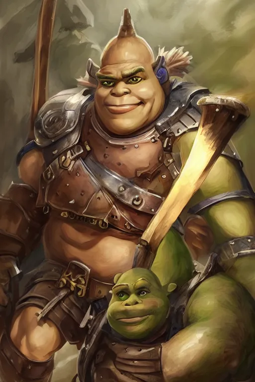 Image similar to A realistic anime portrait of Shrek, warrior, D&D, dual Axe wielding, full body plated armor, dungeons and dragons, tabletop role playing game, rpg, jrpg, digital painting, by Stanley Artgerm Lau, Frank frazzeta, WLOP and Rossdraws, digtial painting, trending on ArtStation, SFW version