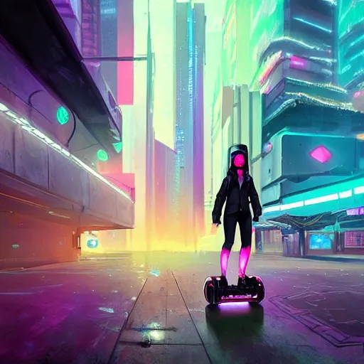 Image similar to a black girl riding a hoverboard through the synthwave city in a cyberpunk style by greg rutkowski and android jones, oil on canvas