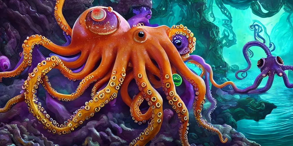 Prompt: of an intricate sea cavern with strange cute goofy octopi with huge eyes, long tongue, square teeth and funny face appearing from murky waters, in the style of jeff koons, macro lens, shallow depth of field, highly detailed, digital painting, trending artstation, concept art, illustration, cinematic lighting, vibrant colors, photorealism, epic, octane render