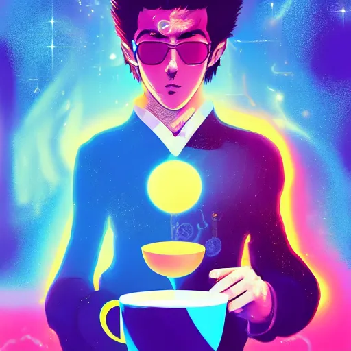 Image similar to A man drinking a cup of cosmic energy bright light by Masafumi Harada, 4k, digital art, surreal, anime style, space dandy style, highly detailed, godsend, artstation, space