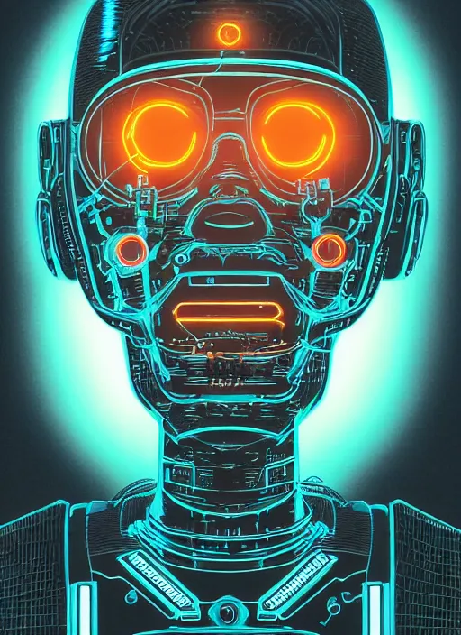 Image similar to portrait of a cyborg humanoid with mechanical and electronic element, neon light, illustrated by Laurie Greasley and Michael Whelan, highly detailed, trending on artstation