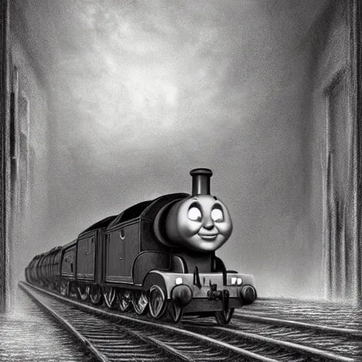 Prompt: grunge drawing of Thomas the tank engine by - michael karcz , horror themed, detailed, elegant, intricate