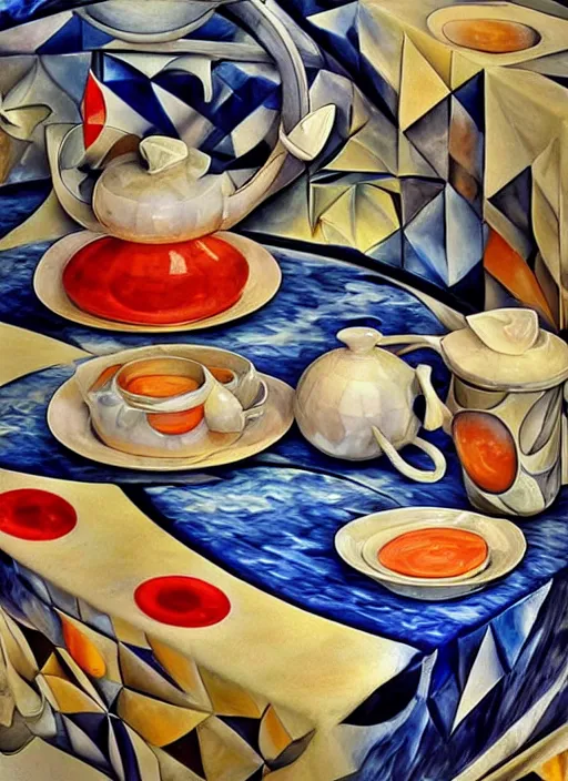 Image similar to Escher inspired teapot, designed by Rene Lalique, studio photography on a Leonid Afremov tablecloth, breakfast