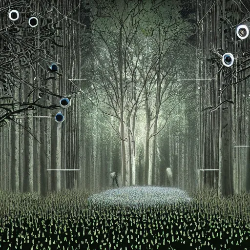 Image similar to a cybernetic ecology. joined back to nature, all watched over by machines of loving grace. a cybernetic forest filled with pines and electronics where deer stroll peacefully past computers as if they were flowers with spinning blossom