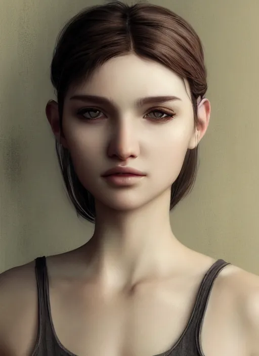 Prompt: a realistic photo portrait of beautiful 👧 with soft 👀 fashion modeling pose, full body, like a professional model, face by WLOP, body by Alex Flores, face symmetry, style of Dan Luvisi, and Charlie Bowater, artstation, rendered, cinematic color grading, muted colors, soft light, rule of thirds, cinematic