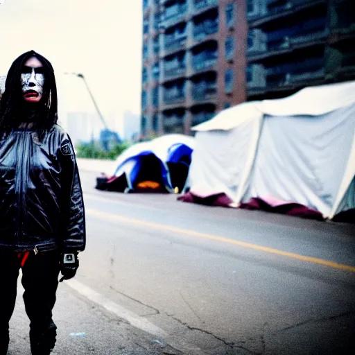 Image similar to Cinestill 50d candid extreme wide shot of a poor techwear mixed woman wearing makeup crying outside of a futuristic city on fire, cyberpunk, tattoos, homeless tents on the side of the road, military police, extreme long shot, desaturated, full shot, action shot, blurry, 4k, 8k, hd, full color