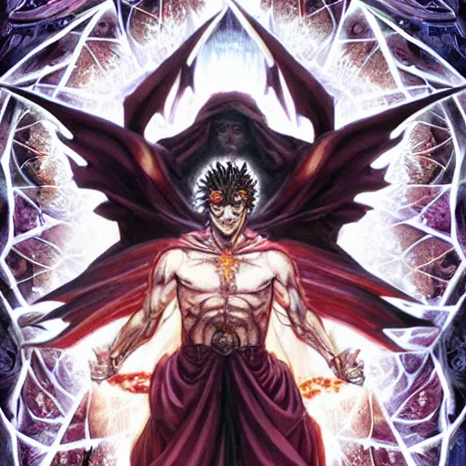 Image similar to 4K headshot portrait of godlike Warlock of Nazareth with defined arms and open hands and bloody clothes with giant mandala wings , intricate face , flawless anime cel animation by Kentaro Miura, psychedelic , highly detailed upper body , professionally post-processed , beautiful, scary, symmetry accurate features, epic, octane rendered, anime masterpiece, accurate by Craig Mullins, ilya kuvshinov, krenz cushart, epic , artgerm trending on artstation by Edward Hopper and Dan Mumford and WLOP and Rutkovsky, beksinski carl spitzweg moebius and tuomas kocar, intricate artwork by caravaggio, Unreal Engine 5, Lumen, Nanite