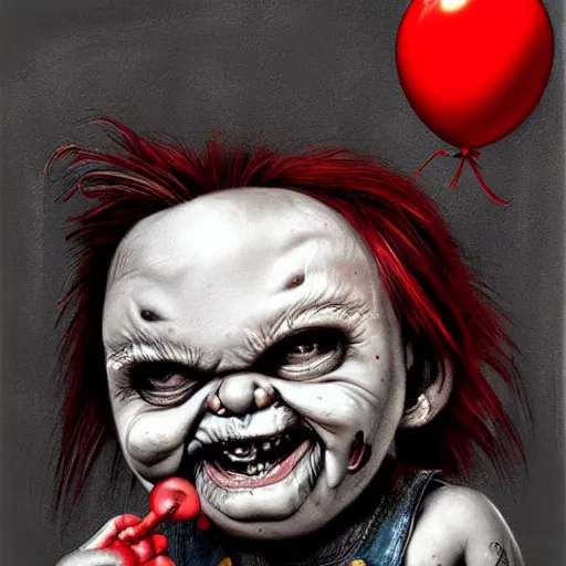 Image similar to surrealism grunge cartoon portrait sketch of chucky with a wide smile and a red balloon by - michael karcz, loony toons style, mad max style, horror theme, detailed, elegant, intricate