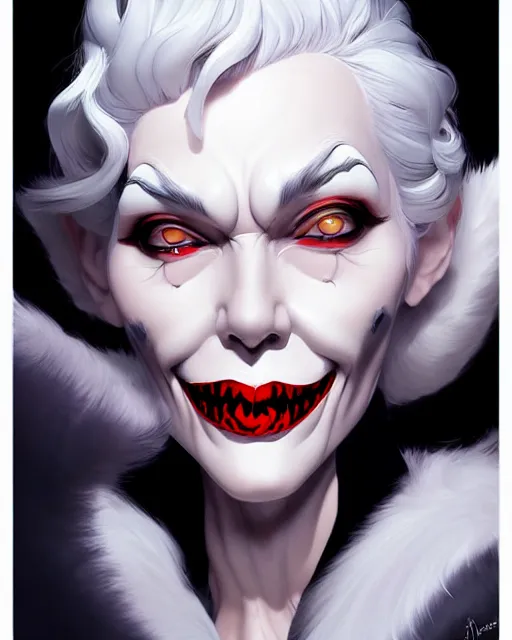 Prompt: digital art, centered portrait of smiling cruella deville, creepy, cold light, somber by james jean and by artgerm, by ross tran, ultradetailed, charachter design, concept art, trending on artstation,