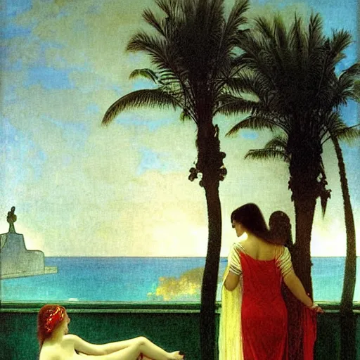 Image similar to Silhouette of two girls at the palace, thunderstorm, greek pool, beach and palm trees on the background major arcana sky, by paul delaroche, alphonse mucha and arnold böcklin arnold böcklin hyperrealistic 8k, very detailed