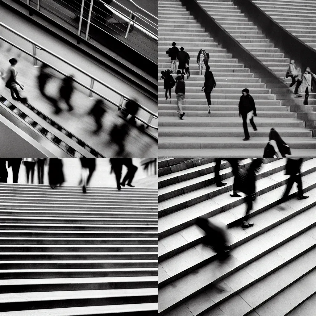 Prompt: multiple people walking up a stair in a city by richard avedon. black and white. ilford delta. long exposure, extreme motion blur. film grain. contrast. fine art photography.