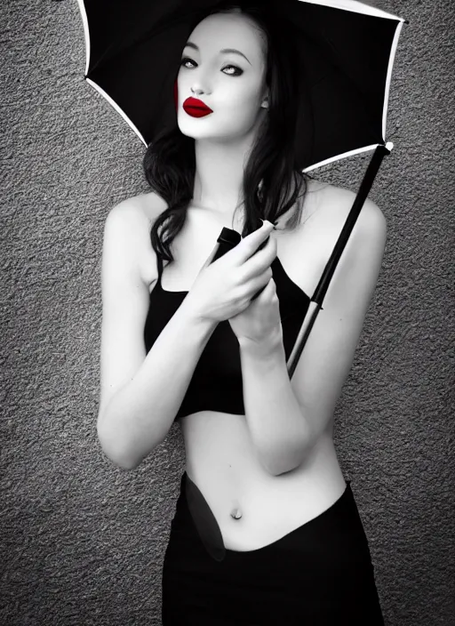 Image similar to a beautiful white pale skin girl, black and white, vibrent red lipstick, umbrella, hat