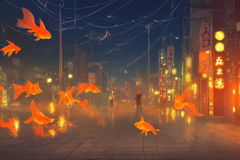 Image similar to fantasy art of glowing goldfish swimming in the air, in the streets of a japanese town at night, with people watching in wonder, by makoto shinkai, highly detailed digital art, trending on artstation