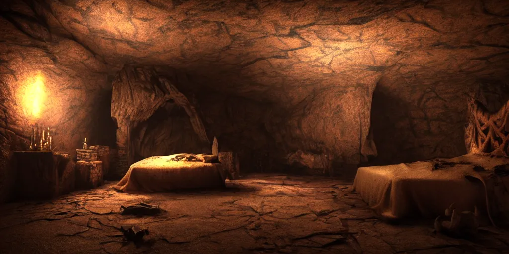 Image similar to bedroom in a secret cave, dark, spooky, dreamlike, lava, satanic symbols in the style of 1 3 ghosts movie, low light, hyperrealistic, coherent composition, artstation, matte painting, concept art, edward hughes hyper detailed, photo realistic, unreal engine, octane render, post processed 4 k