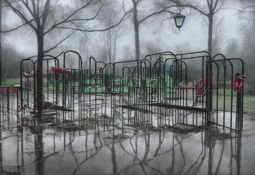 Prompt: a photograph of a playground on a rainy day from the swingset, wet, reflections, gloomy, mist, HDR, hyper realism