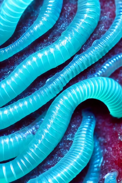 Image similar to high quality macro photo translucent gelatinous worms! gorgeous highly detailed hannah yata elson peter cinematic turquoise lighting high quality low angle hd 8k sharp shallow depth of field