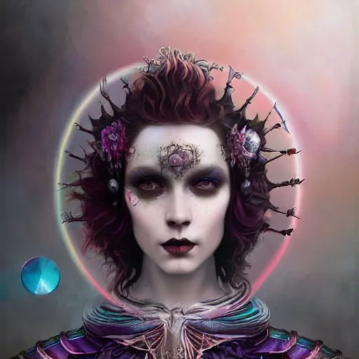 Prompt: by tom bagshaw, photorealistic portrait of a curiosities carnival, single beautiful in a full gothic armor, multiple dyed colors purple black lustrous thin haircut, marvel, symmetry accurate features, focus, rainbow lighting, very intricate details, award winning masterpiece, ultra deep fog background