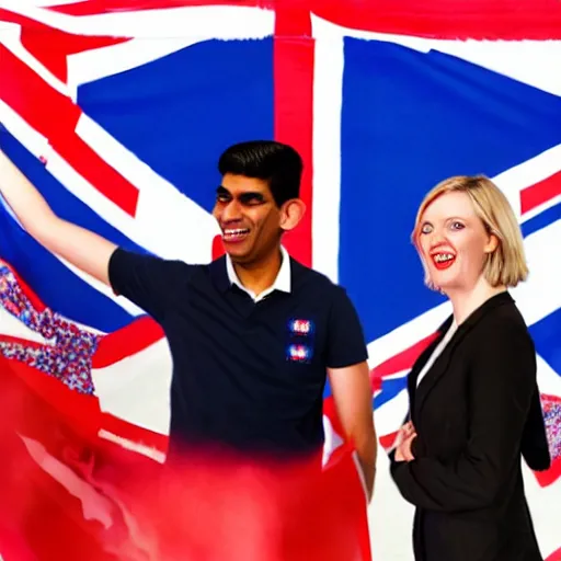 Image similar to rishi sunak and liz truss laughing, standing next to a burning union jack, studio photograph, dramatic llghting