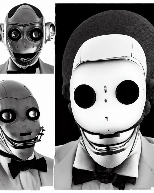 Prompt: Eddie Mendoza portraits of a anthropomorphic-robot cyber-face techno mask in black tie suit retro photo by Louis Daguerre