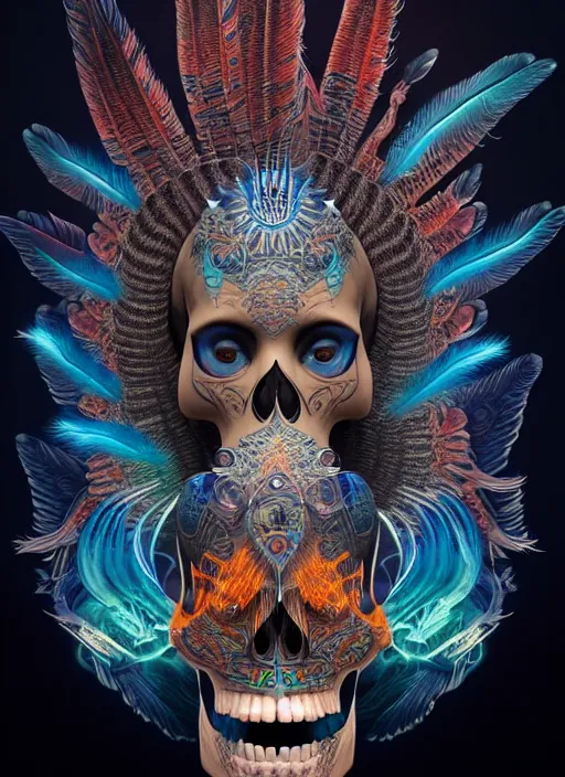 Image similar to 3 d shaman with tattoos profile portrait, sigma 5 0 0 mm f / 5. beautiful intricate highly detailed quetzalcoatl skull and feathers. bioluminescent, plasma, lava, ice, water, wind, creature, thunderstorm! artwork by tooth wu and wlop and beeple and greg rutkowski, 8 k trending on artstation,