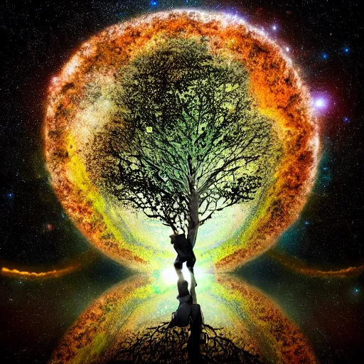 Prompt: a human man standing next to a cosmic tree, a sense of awe, amazement, monogon, plasma display, damascus, morph, in a symbolic and meaningful style