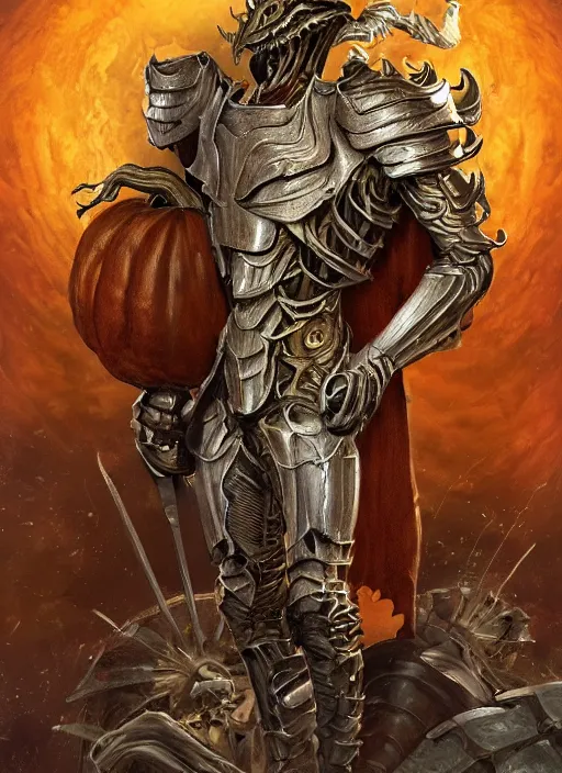 Image similar to powerful male pumpkin, willem dafoe as pumpkinhead, oz, full body character concept, covered in full metal armor, art nouveau, super powers, fantasy, intricate, elegant, highly detailed, digital painting, artstation, concept art, shining, sharp focus, illustration, art bjorn hurri