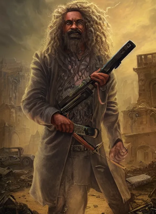 Image similar to portrait of a wizard holding a gun, the wizard has curly head and tattoos, the wizard holding a pistol points downwards, the wizard holding a pistol is only one and stands in a ruined city. by Ciryl Rolando, hyperrealistic illustration, digital art, studio lightning, very detailed faces